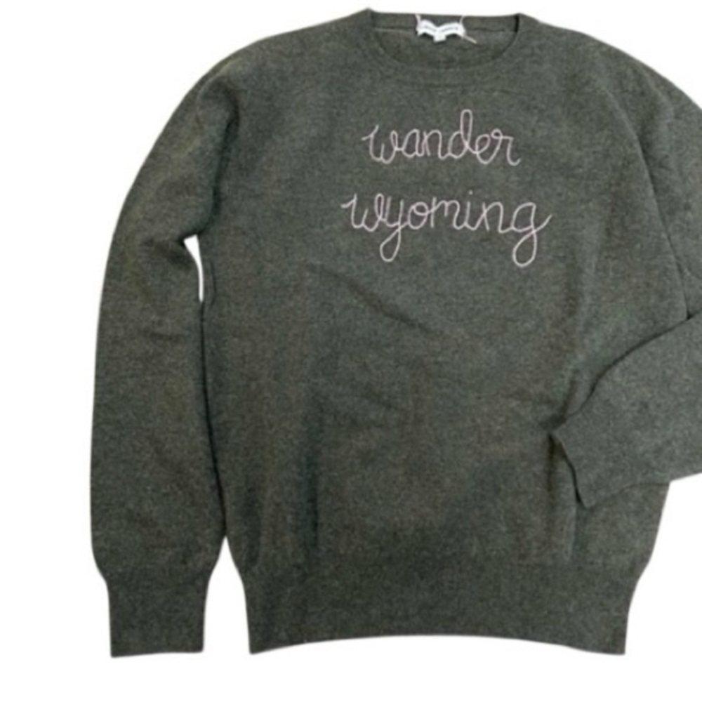 LINGUA FRANCA SWEATER CASHMERE DESIGNER Moss Hand Embroidered “Wander Wyoming” S - Picture 2 of 3